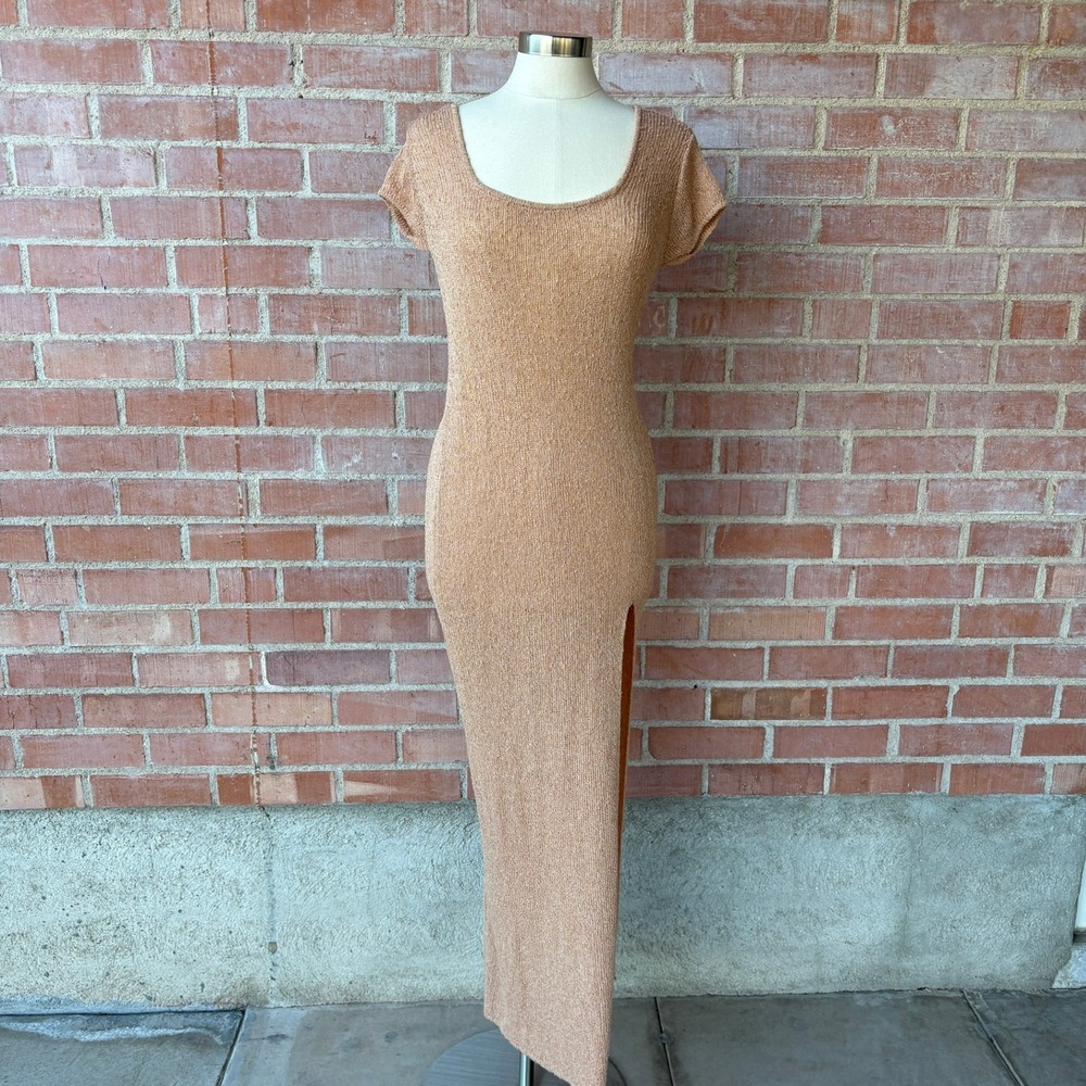 L Space Knit Swim Coverup Beach Maxi Dress Women's M Tan Summer Short Sleeve